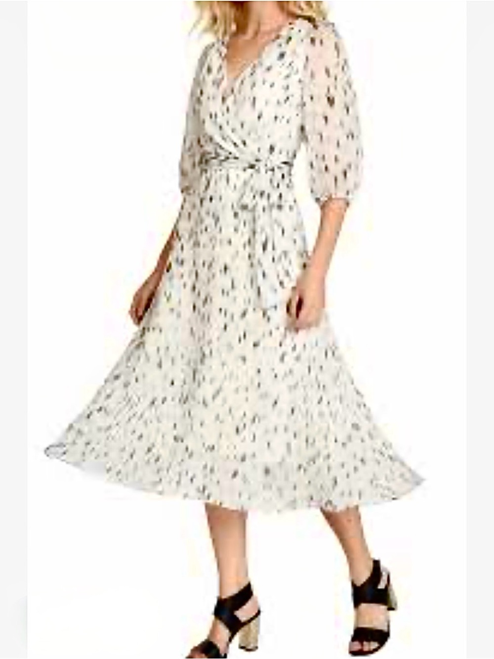 DKNY White Chiffon Wrap Dress with Black & Silver Brushstroke Print Size 4 NWOT